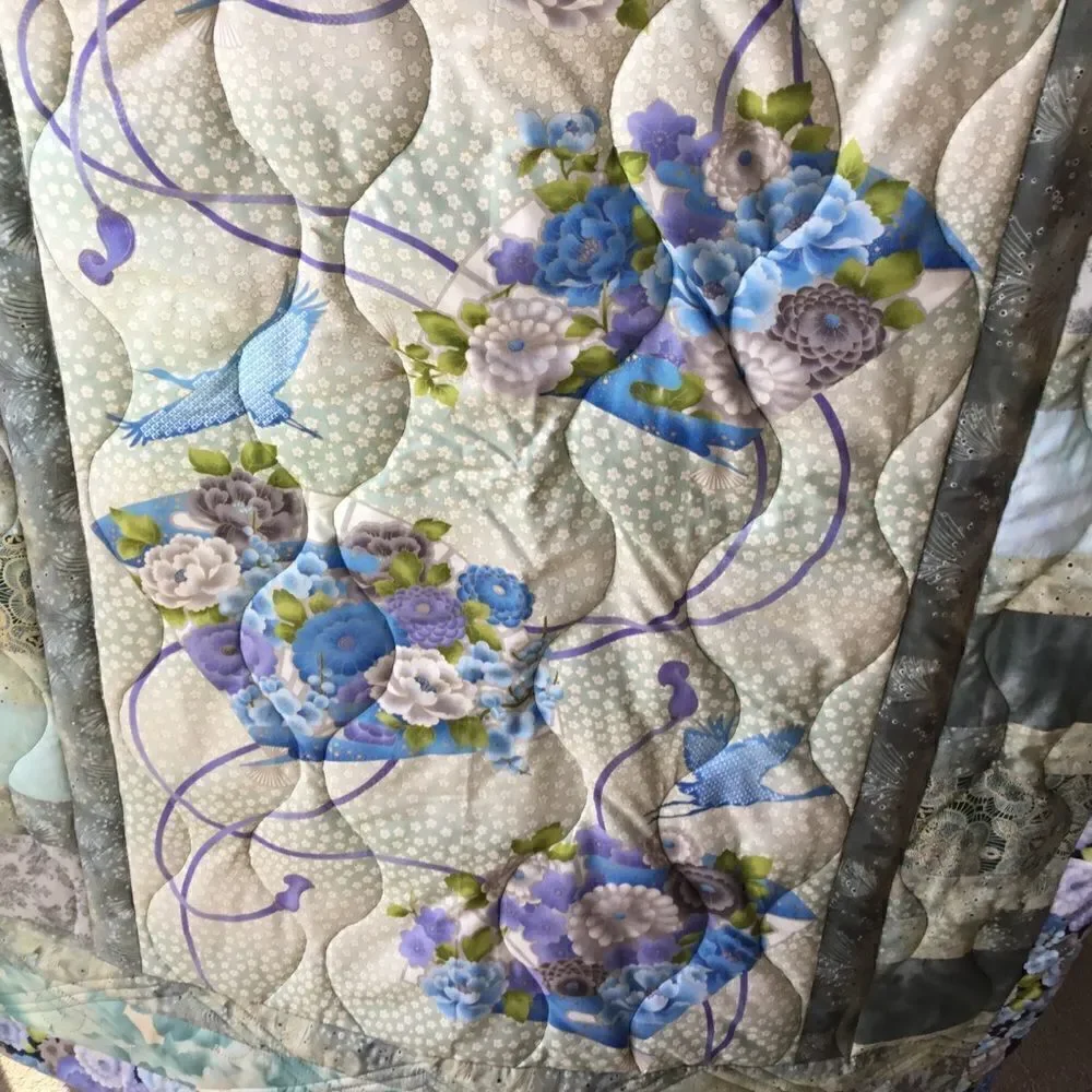 NWT Hand Crafted Quilt in Oriental Prints of Blues and Aquas With Cranes